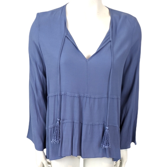 Marchesa Rose Tie Neck Boho Ruffle Blouse S Blue V Neck Long Sleeve - Picture 2 of 11